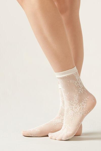 White Fishnet Floral Pattern Socks, , medium
