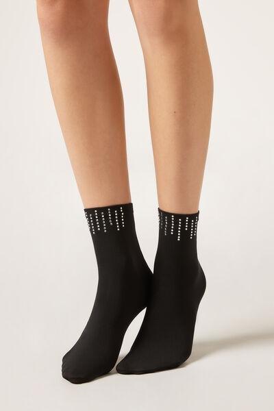 50 Denier Narrow Edge Tulle Socks, Black, Appl.Strass Black, medium