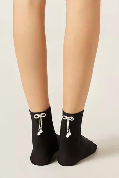 50 Denier Rhinestone Brooch Socks, Black, 5501_5515, large image number 1