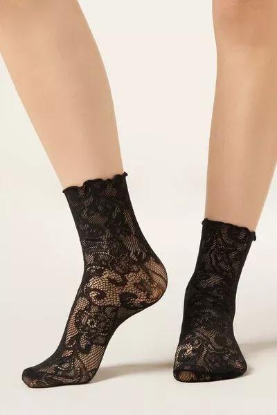 Black Floral Lace Cotton Socks, 5501_3097, large image number 0