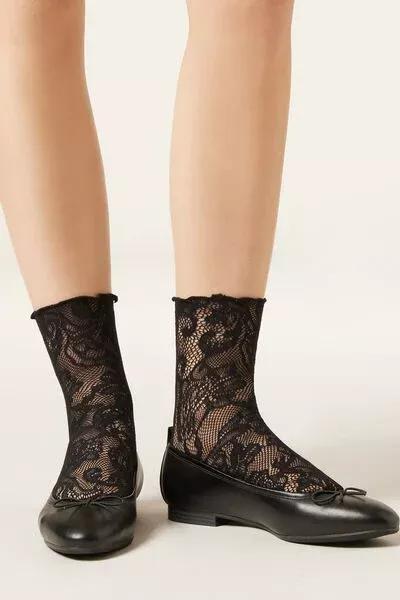 Black Floral Lace Cotton Socks, 5501_3097, large image number 2