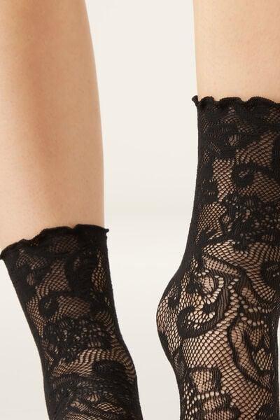Black Floral Lace Cotton Socks, 5501_3097, large image number 3