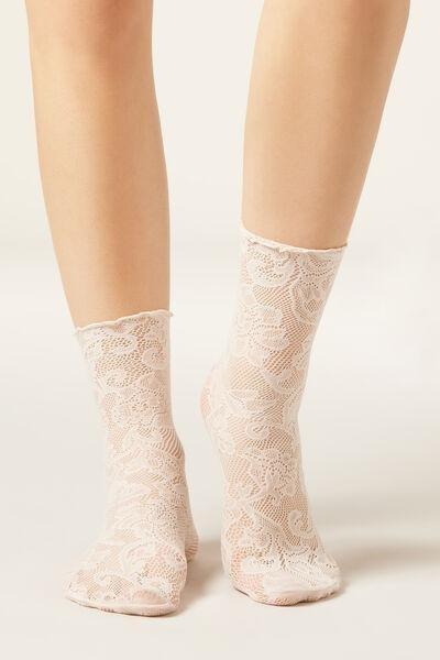 Beige Floral Lace Socks, 5501_5404, large image number 0
