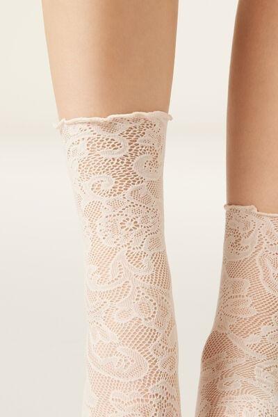 Beige Floral Lace Socks, 5501_5404, large image number 3