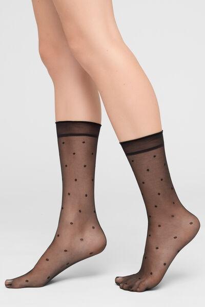 15 Denier Sheer Polka Dot Socks, Black, Black Polka Dots, medium