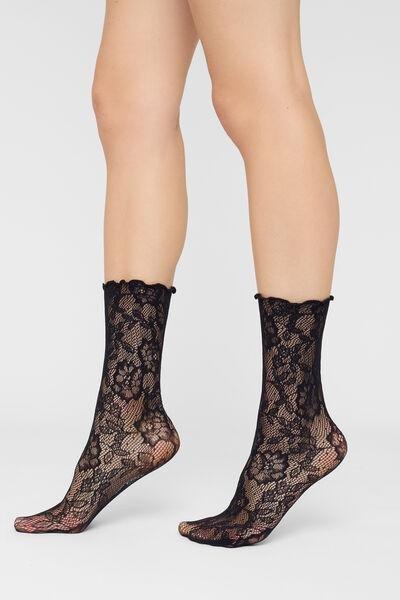 Black Fishnet Floral Pattern Short Socks, Black Fishnet Flowers, large image number 0