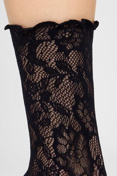 Black Fishnet Floral Pattern Short Socks, Black Fishnet Flowers, medium
