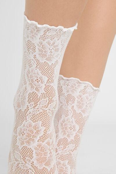 White Fishnet Floral Pattern Short Socks, Network Flowers White, large image number 2