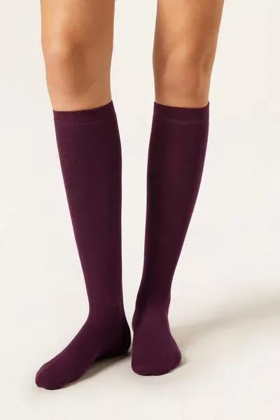 Burgundy Wool And Cotton Long Socks, 5501_174D, large image number 0
