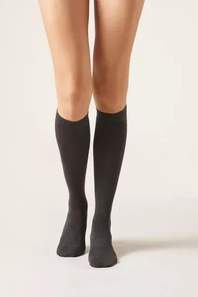 CHARCOAL GREY Wool and cotton long socks, Charcoal Grey Blend, large image number 0