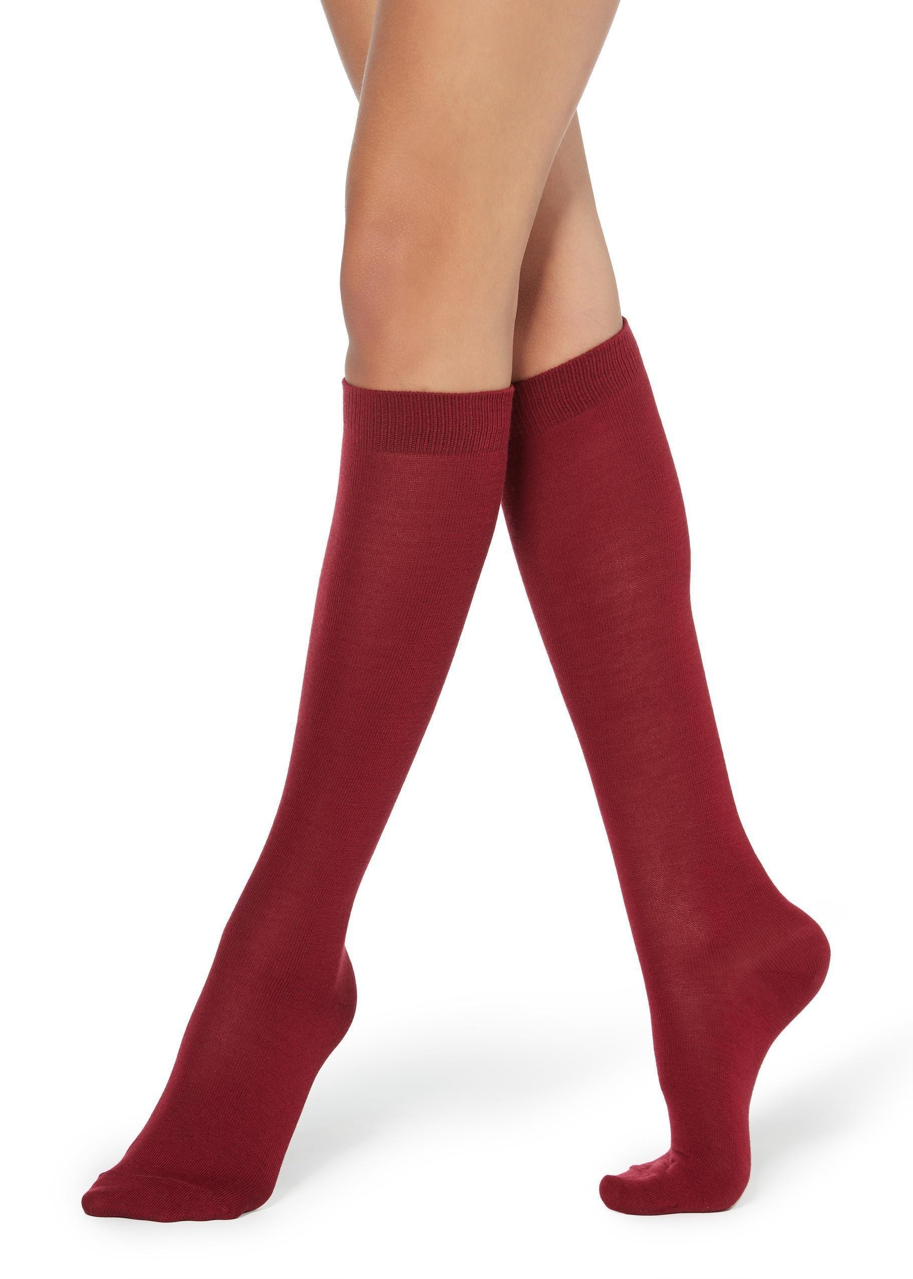 Dark Red Wool And Cotton Long Socks, Women - One-Size, 5501_565, large image number 0