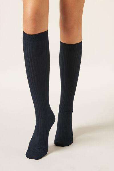 Navy Long Ribbed Cashmere Socks, Blue, large image number 0