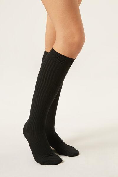 Black Ribbed Long Socks, Black, medium