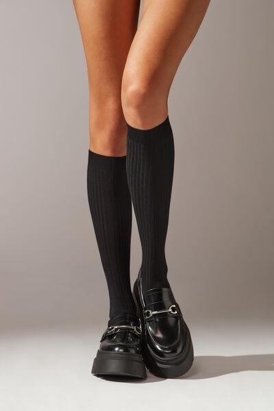 Black Ribbed Long Socks, Black, medium