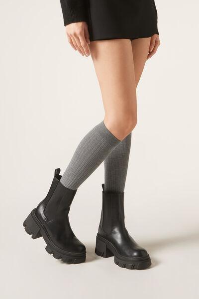 Grey Ribbed Long Cashmere Socks, Grey Blend, medium