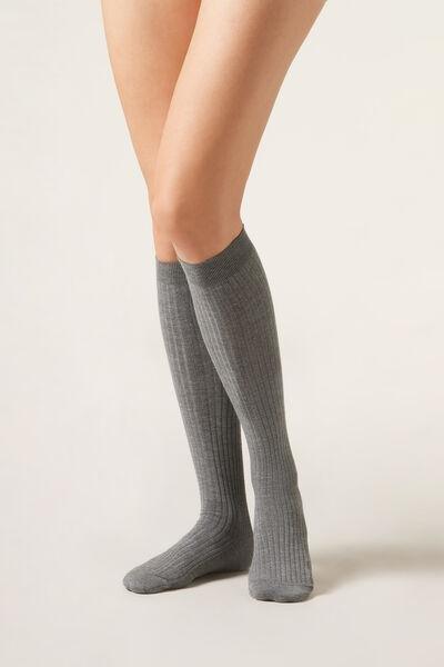 Grey Ribbed Long Cashmere Socks, Grey Blend, large image number 1