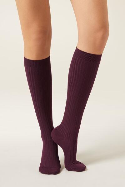 Burgundy Knee-High Ribbed Cashmere Long Socks, 5501_174D, medium