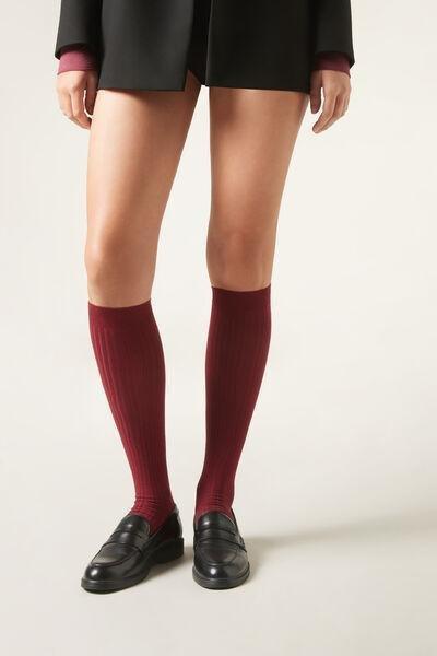 Red Ribbed Cashmere Long Socks, , medium