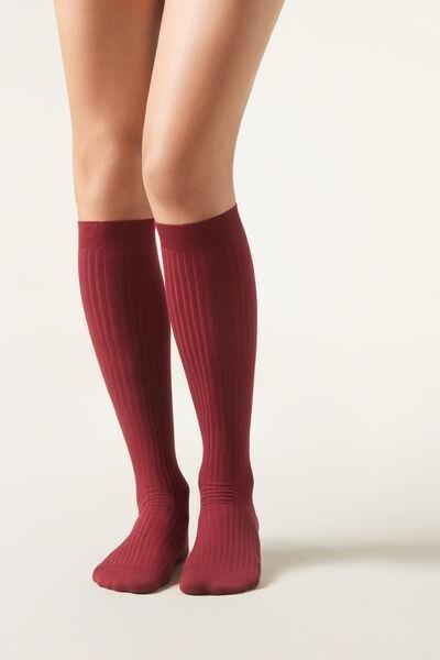 Red Ribbed Cashmere Long Socks, , large image number 1