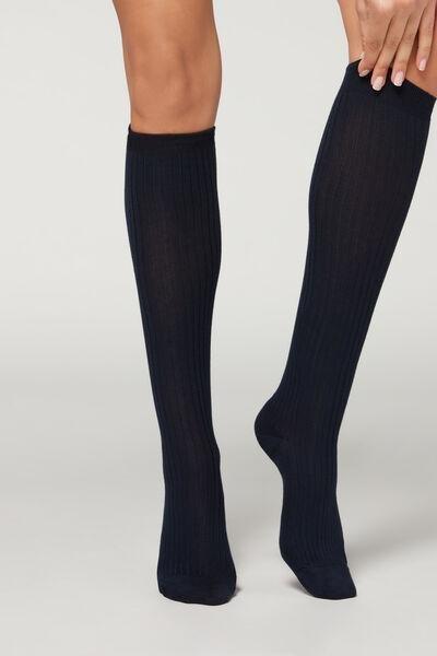 Blue Ribbed Long Socks, , large image number 0