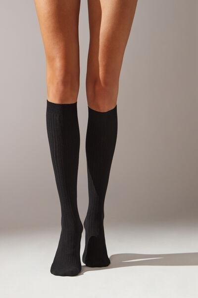 Black Ribbed Cashmere Long Socks, 5501_019, large image number 0