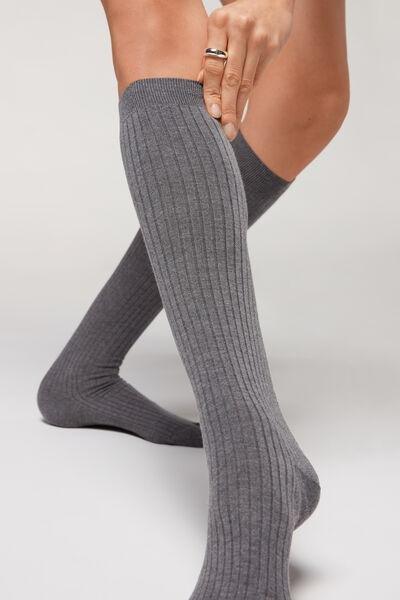 Grey Ribbed Cashmere Long Socks, , large image number 0