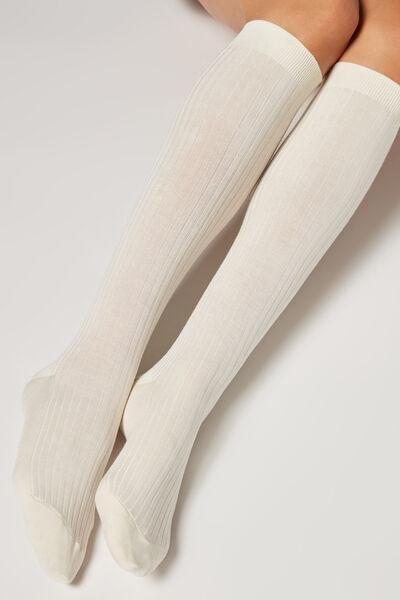 Cream Ribbed Cashmere Long Socks, , large image number 0