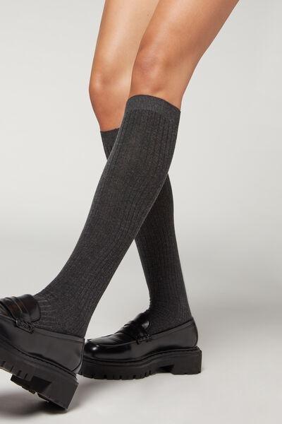 CHARCOAL GREY BLEND Ribbed Cashmere Long Socks, , large image number 0