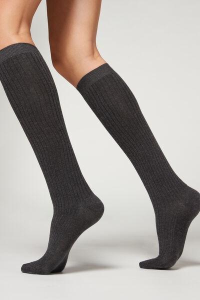 CHARCOAL GREY BLEND Ribbed Cashmere Long Socks, , large image number 1