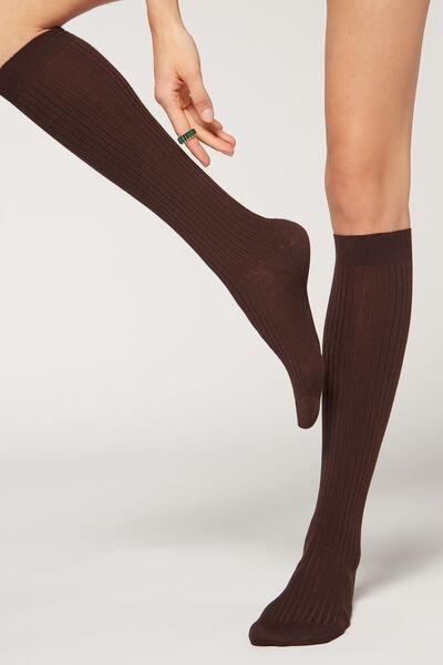 Brown Ribbed Cashmere Long Socks, , large image number 0