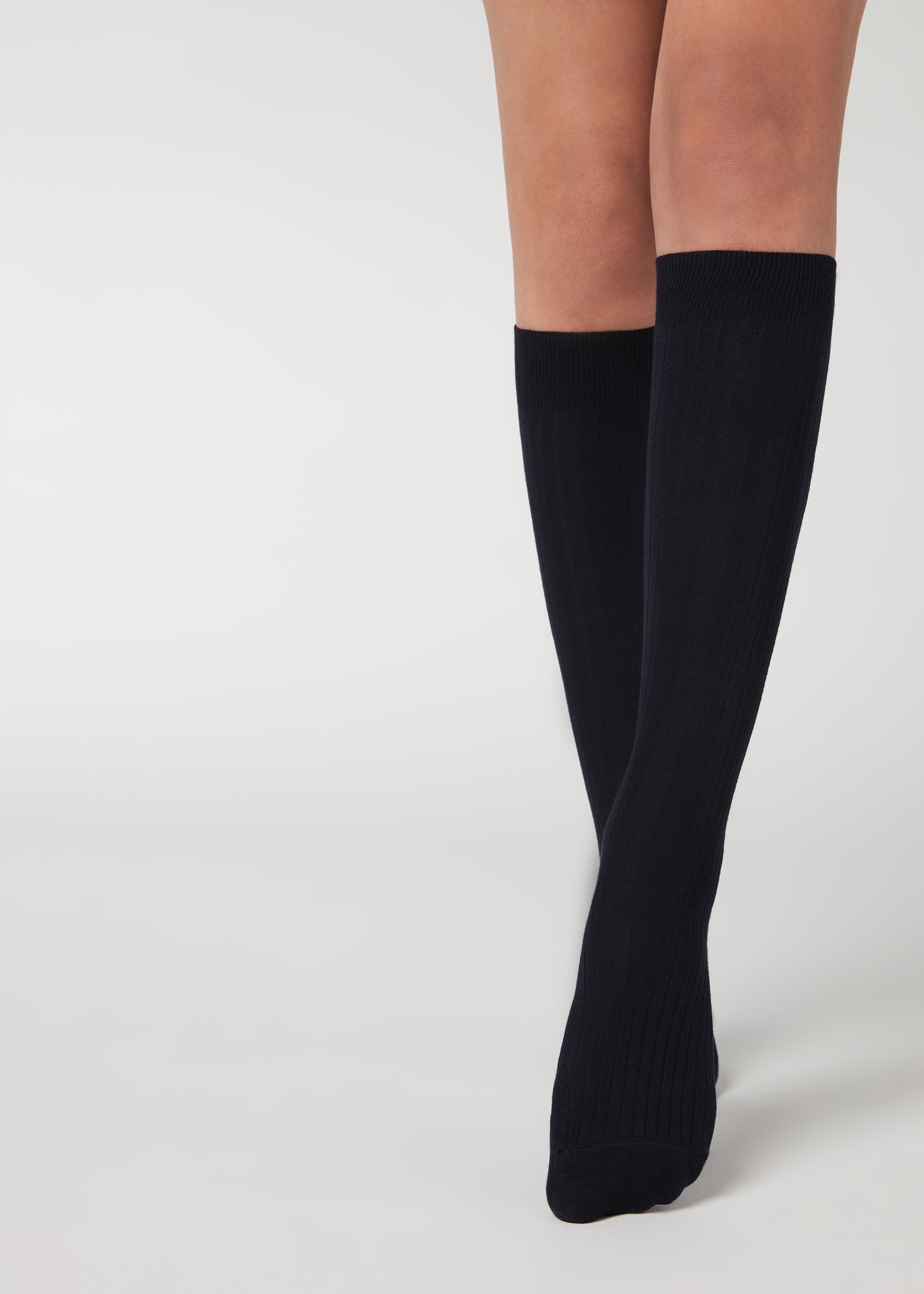 Blue Cashmere Ribbed Long Socks, , large image number 1