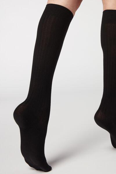 Black Cashmere Ribbed Long Socks, , large image number 0