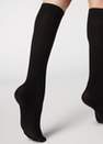 Black Ribbed Long Socks With Cashmere, Women