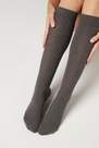 Mid Grey Blend Ribbed Long Socks With Cashmere, Women