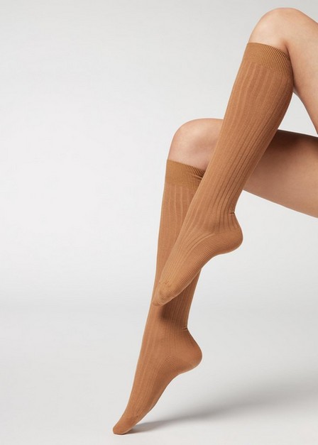 Calzedonia - Beige Ribbed Long Socks With Cashmere