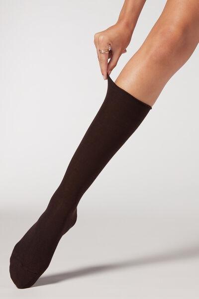 Brown Smooth Cotton Mid-Calf Socks - One-Size, Brown, large image number 0
