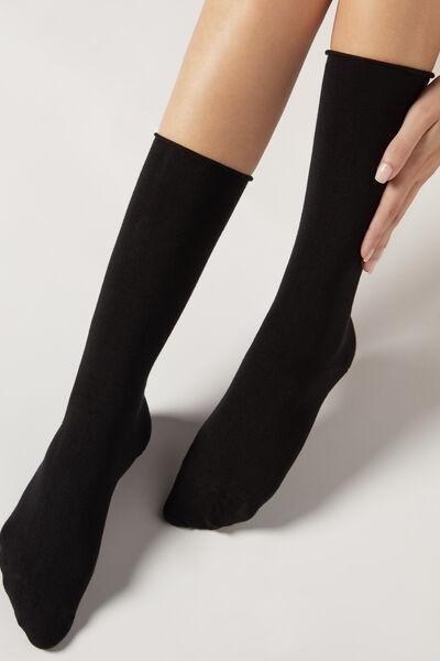 Black Smooth Cotton Mid-Calf Socks - One-Size, 5501_019, large image number 0