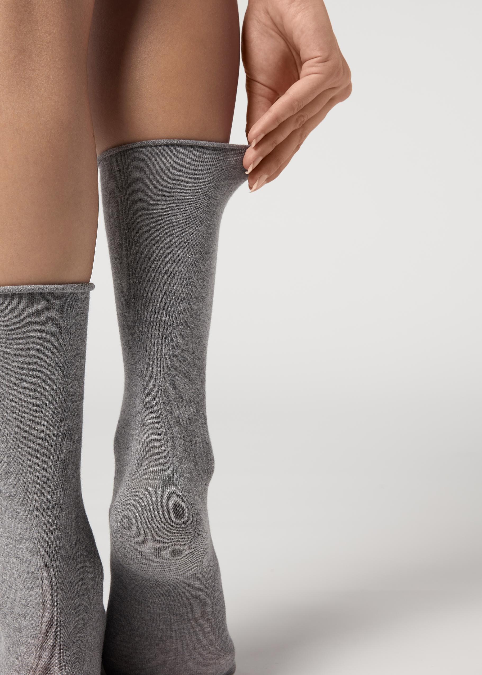 Grey Blend Smooth Cotton Mid-Calf Socks - One-Size, Grey Blend, large image number 1