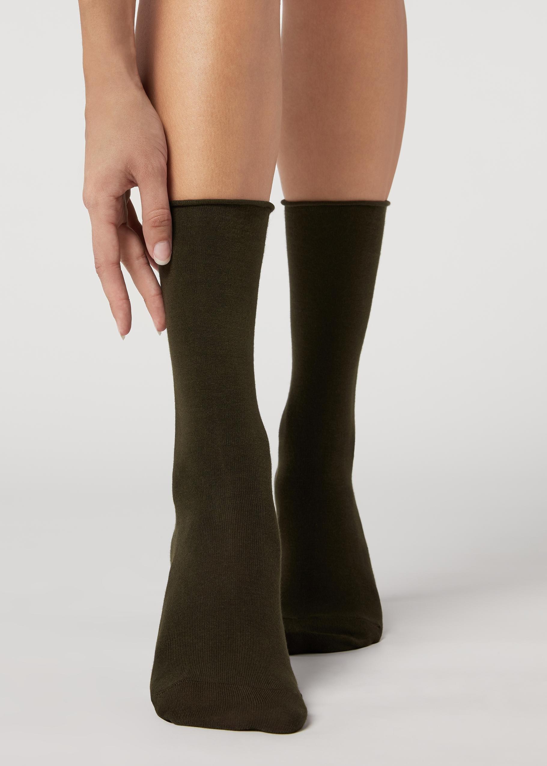 Forest Green Smooth Cotton Mid-Calf Socks, Women - One-Size, , large image number 0