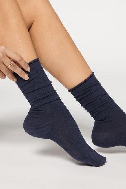 Calzedonia - Blue Smooth Cotton Mid-Calf Socks - One-Size