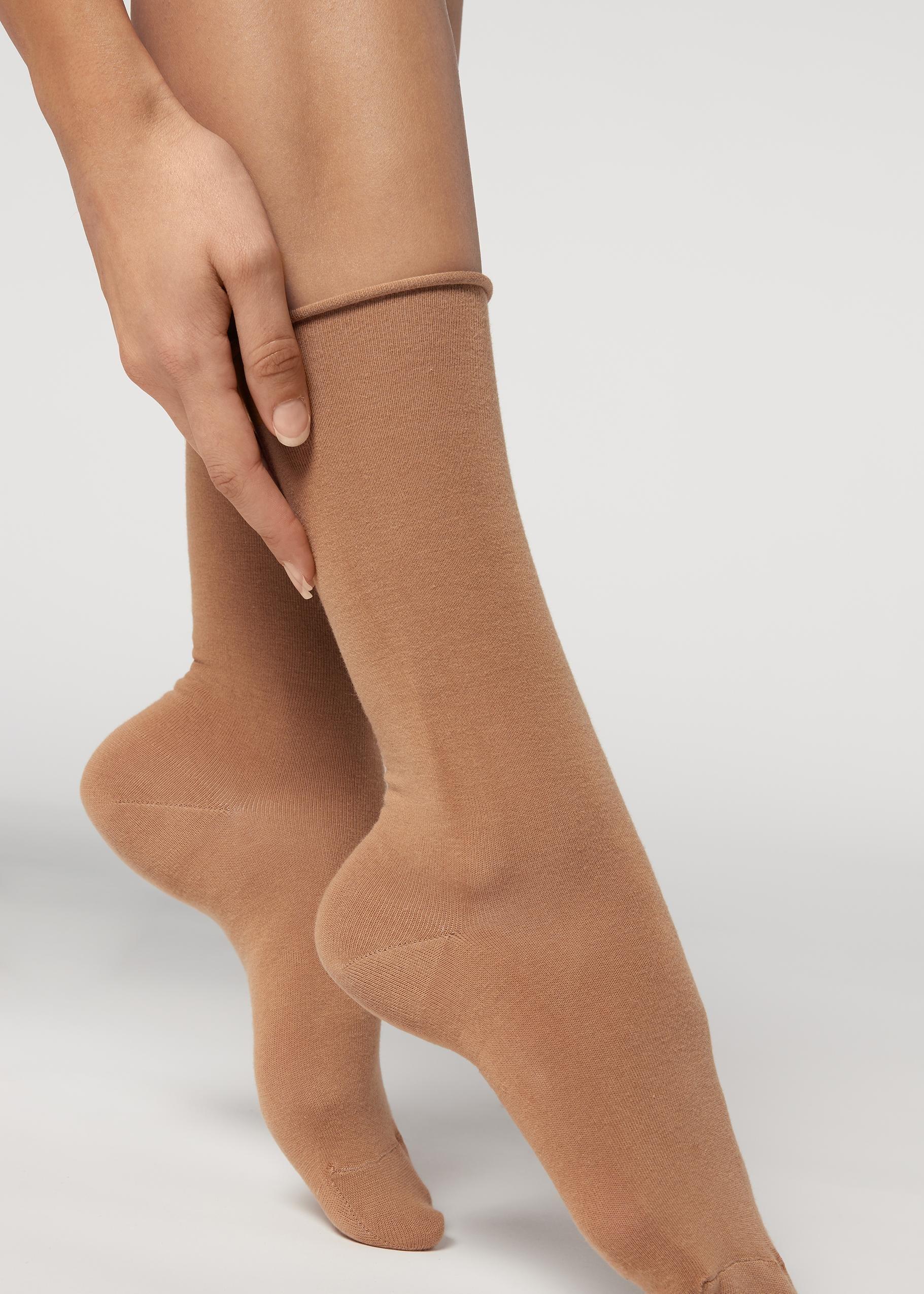 Natural Camel Smooth Cotton Mid-Calf Socks - One-Size ,Women, Natural Camel, large image number 0