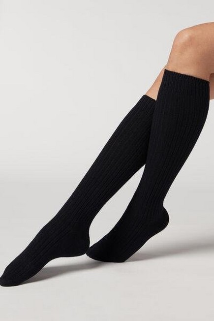 Calzedonia - Blue Ribbed Long Socks With Wool And Cashmere, Women - One-Size