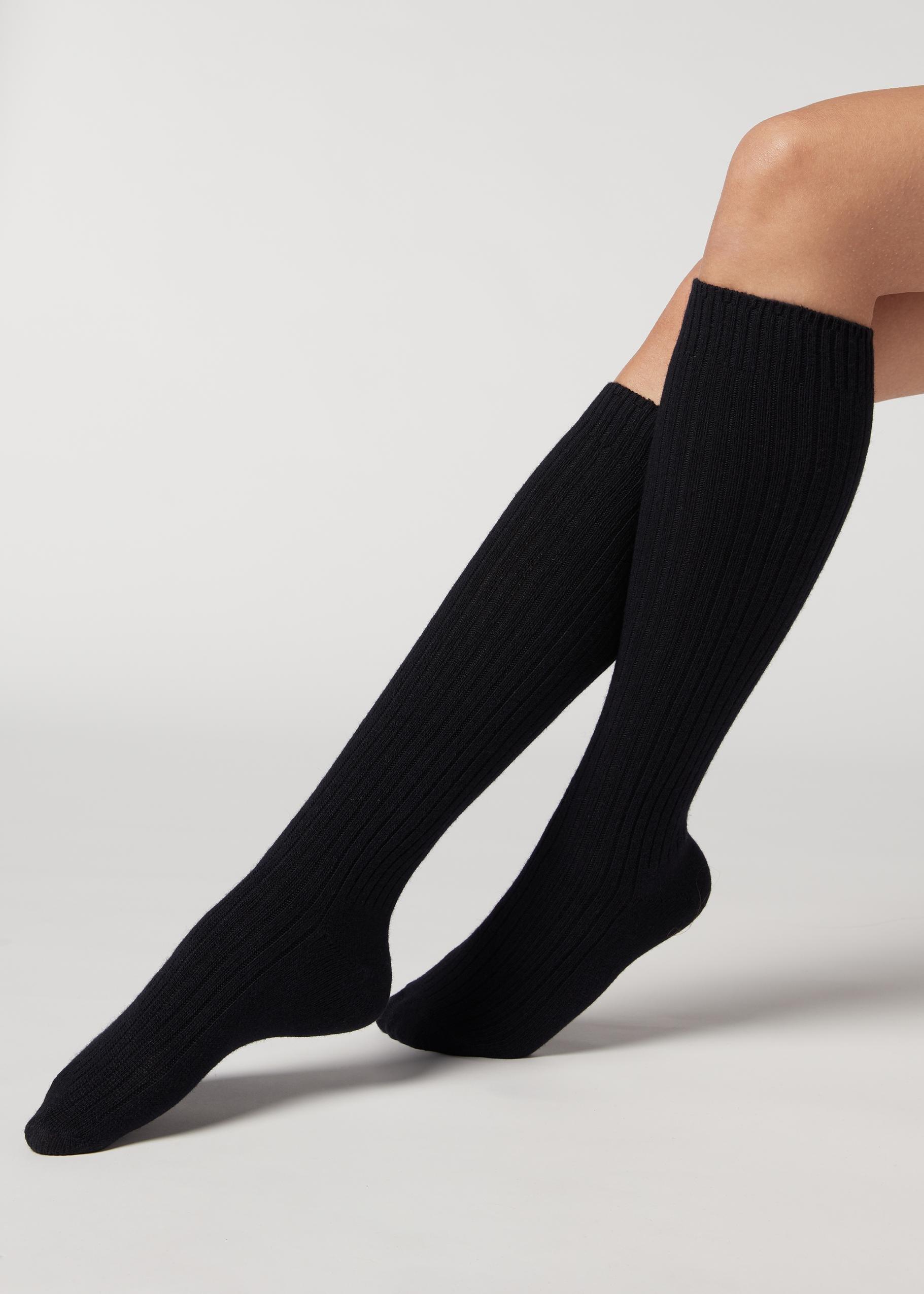 Blue Ribbed Long Socks, Blue, large image number 1