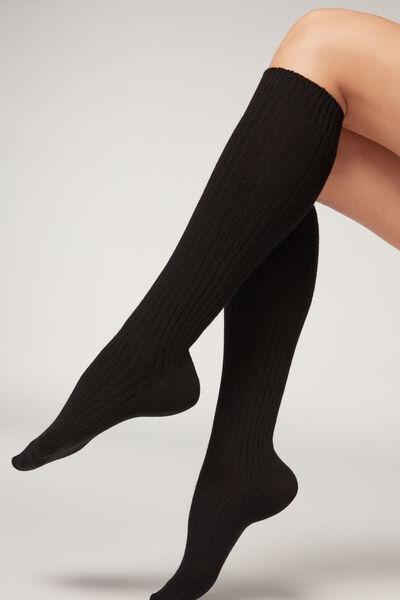 Black Ribbed Long Socks, Black, large image number 0