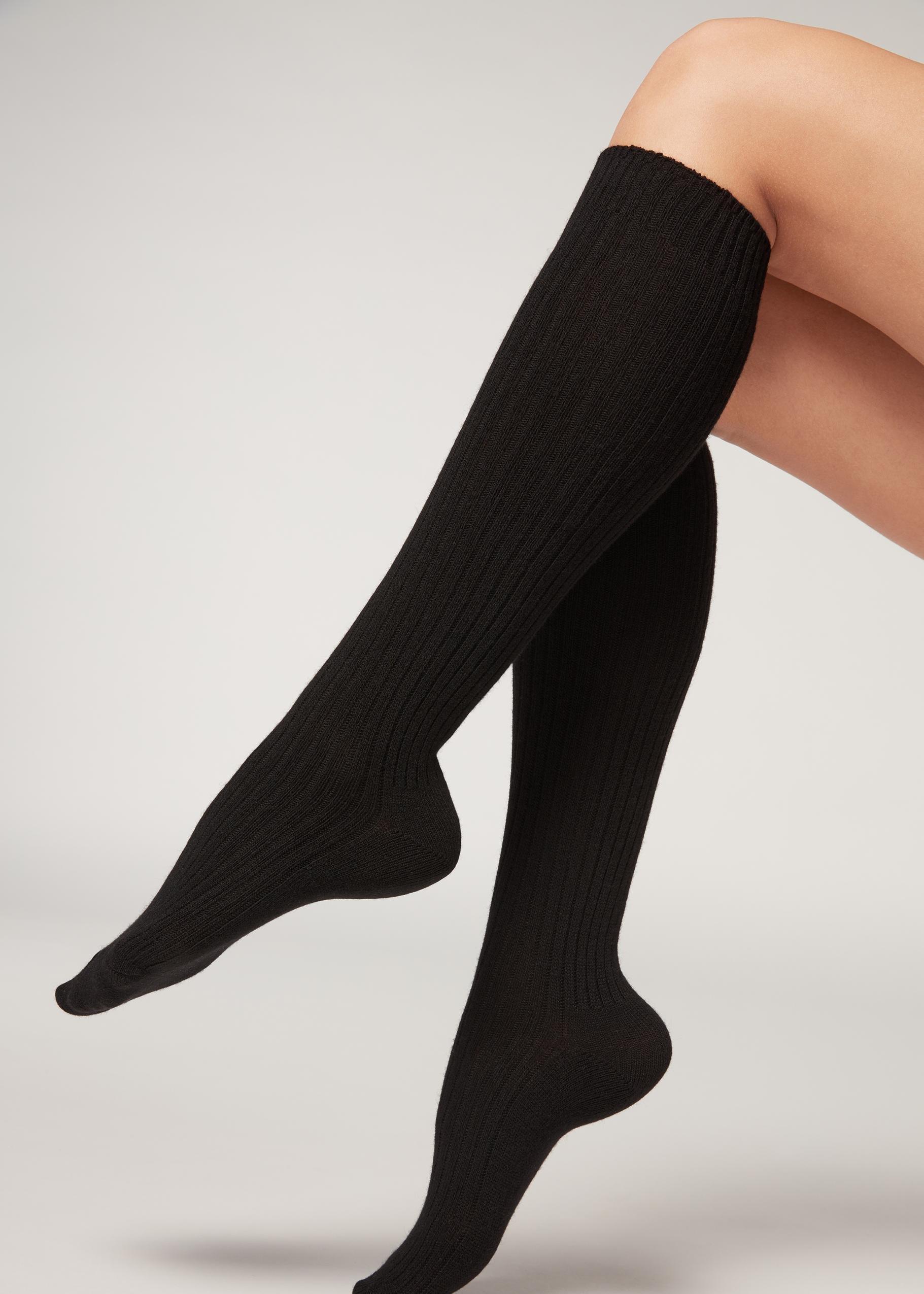 Black Ribbed Long Socks, Black, large image number 1