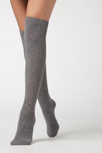 Calzedonia - Grey Blend Ribbed Long Socks With Wool And Cashmere, Women - One-Size