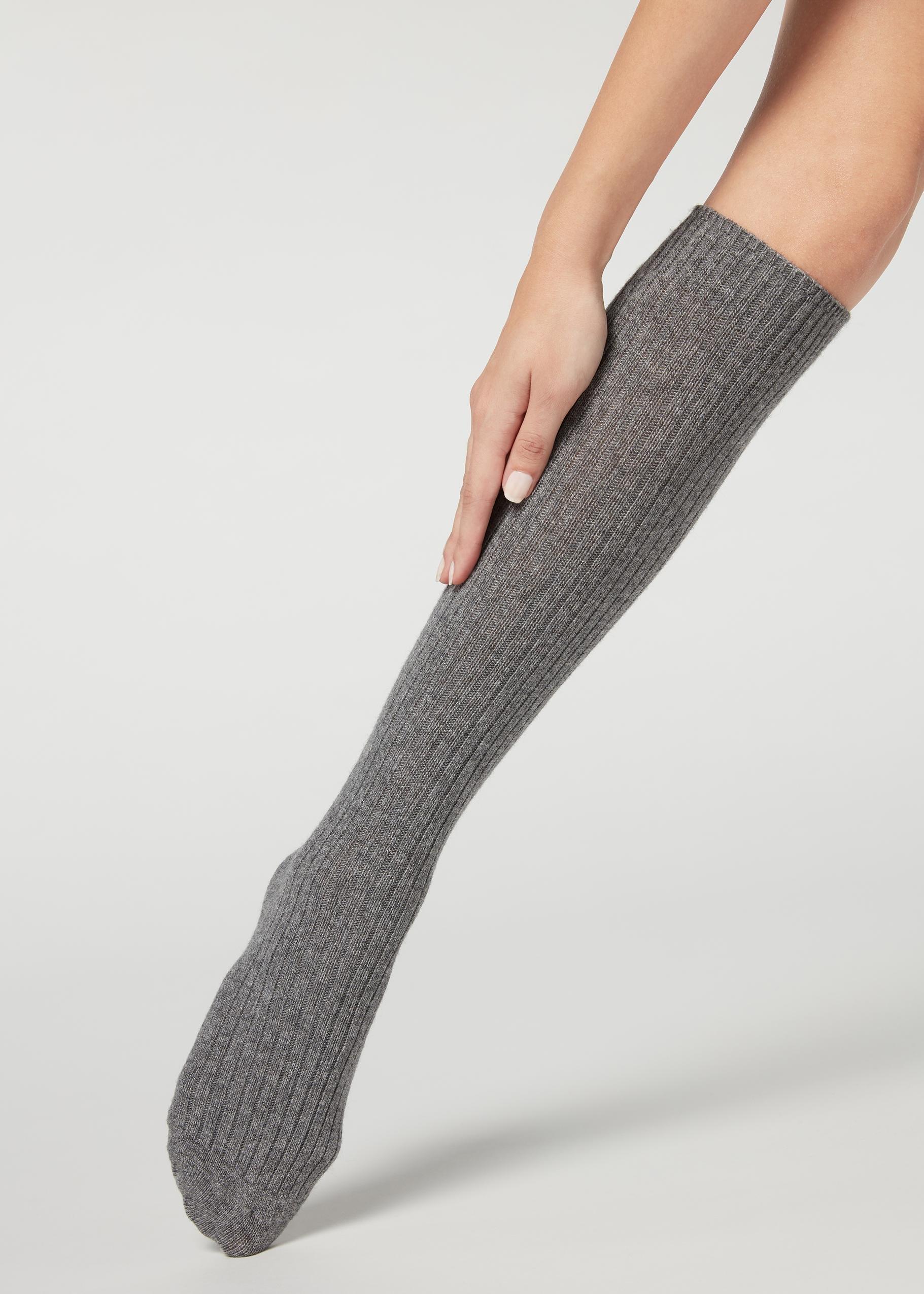 Grey Long Ribbed Socks, Grey Blend, large image number 1