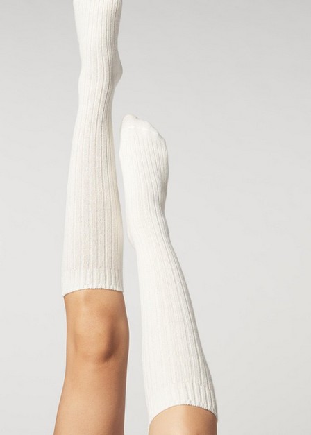 Calzedonia - Milk White Ribbed Long Socks With Wool And Cashmere, Women - One-Size