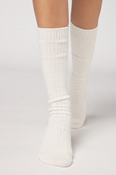 White Ribbed Long Socks With Wool And Cashmere, Women - One-Size, 5501_9114           , large image number 0