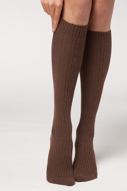 Calzedonia - Cocoa Brown Ribbed Long Socks With Wool And Cashmere, Women - One-Size